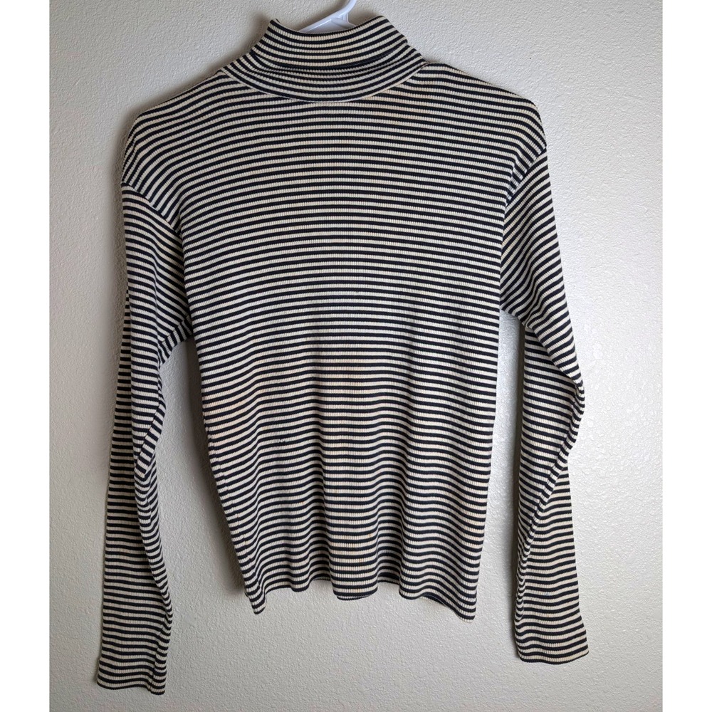 GAP Womens L Black Cream Striped Turtleneck 100% Cotton Ribbed Long Sleeve 90's